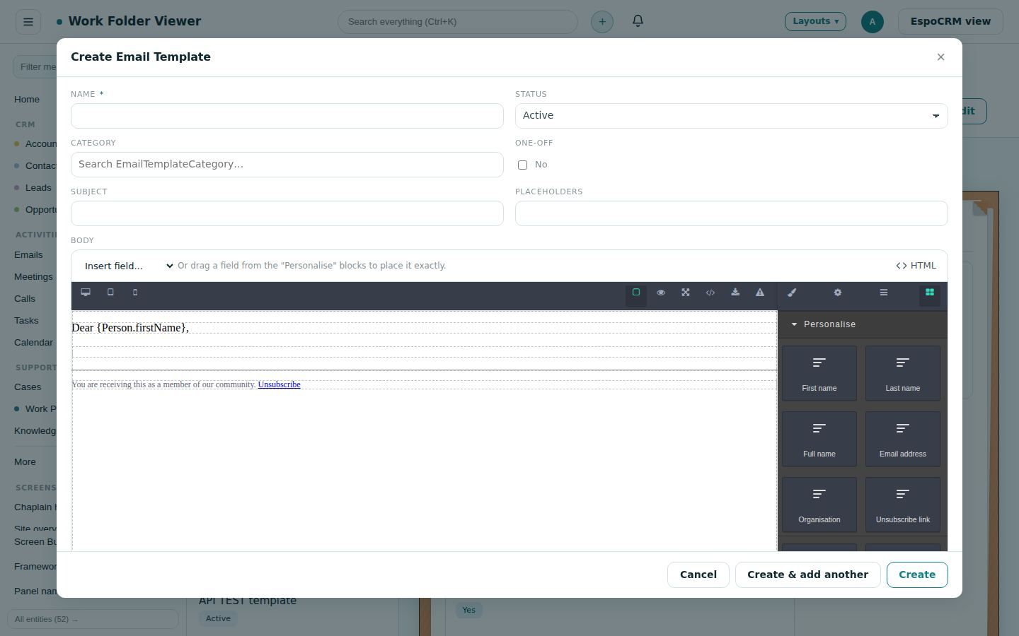 The template and mail designer with design objects on the right