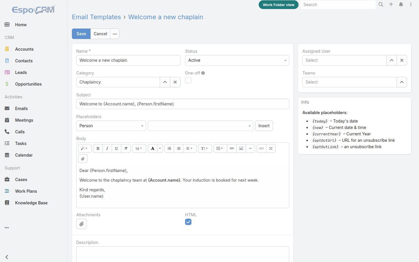 Standard EspoCRM: the email template editor