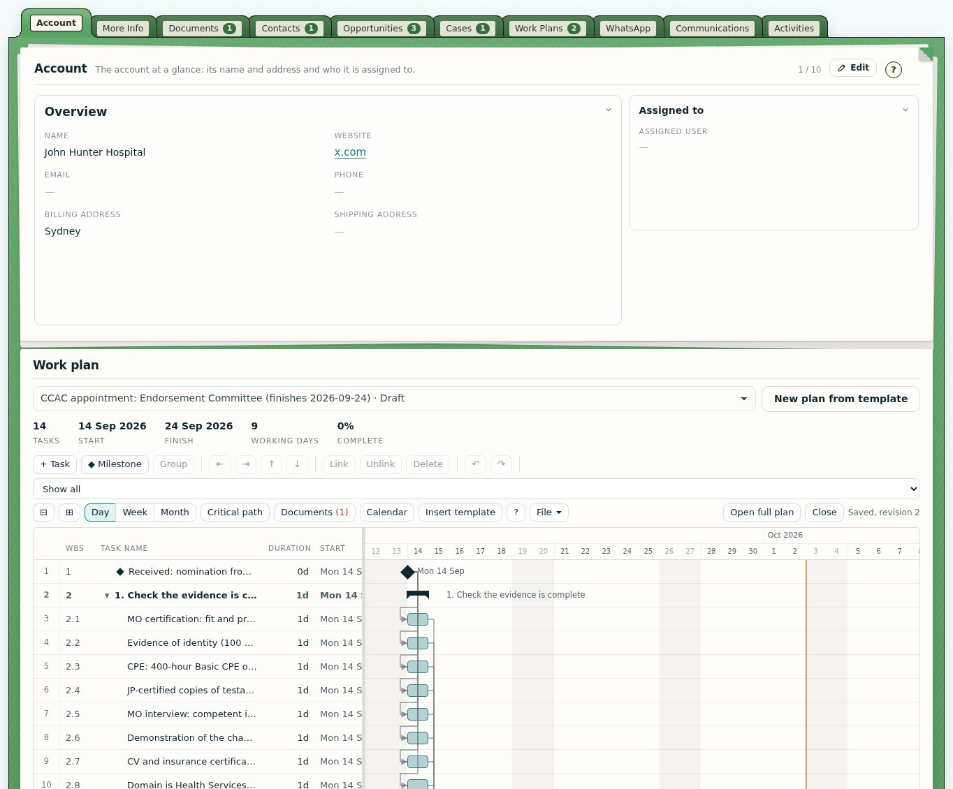 John Hunter Hospital: the Work Folder on top and its work plan open on a Gantt chart underneath, with a drop-down to switch plans